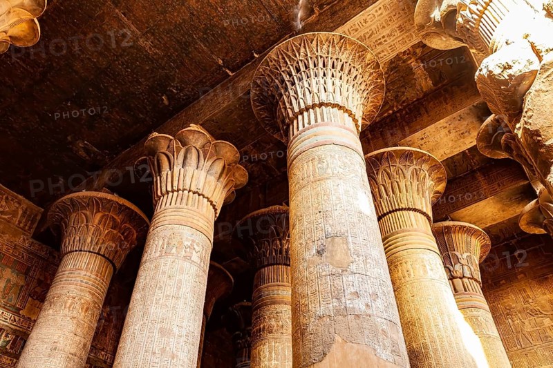 Beautiful decoration at the columns of the Temple of Khnum (the Ram Headed Egyptian God) in Esna, Upper Egypt