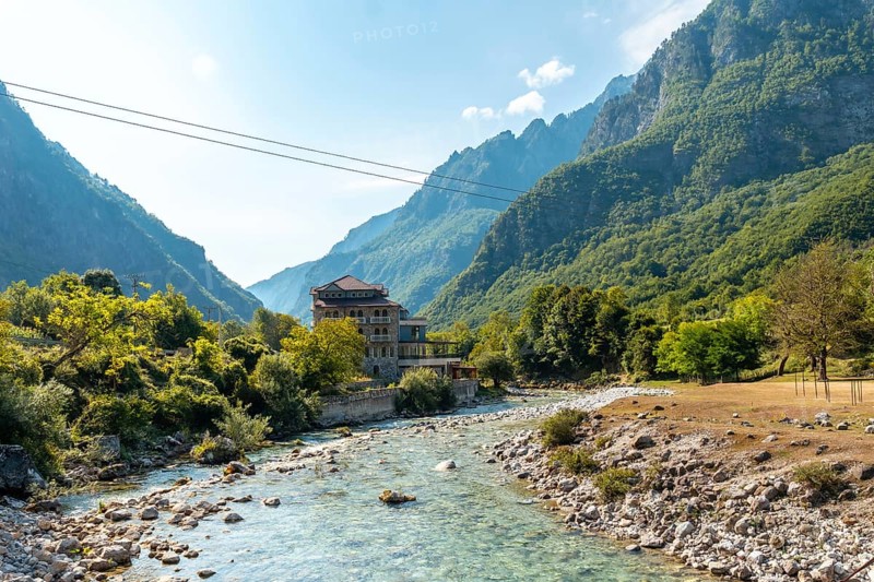 Winged river from the small mosque in Dragobi in the Valbona Valley, Theth National Park, Albanian Alps, Albania, Europe