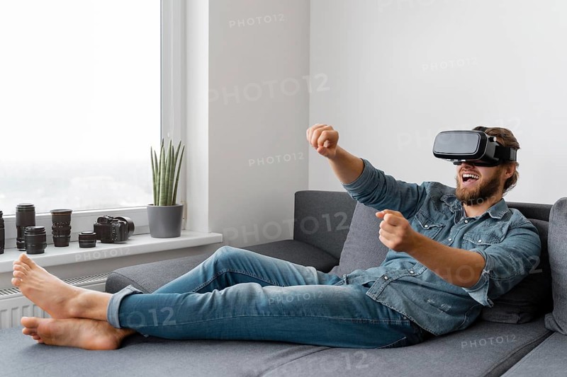 Happy man with vr glasses full shot