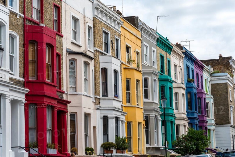 Colourful terraced houses seen in Notting Hill, London
