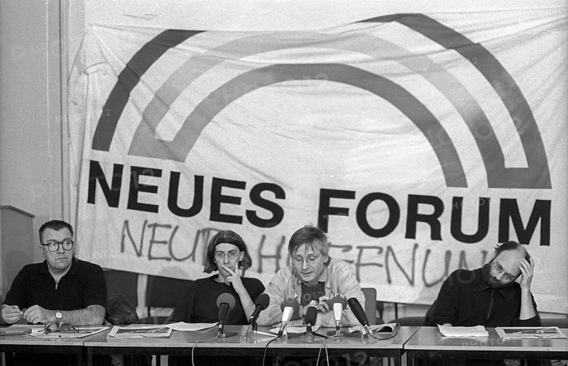 (l. to r.) Hans Schwenke, Civil Rights Committee 15 January, Wolfram Kempe, Klaus Wolfram, editor of the magazine of the New Forum die andere, Germany, Berlin, 19 March 1991, publication of the Stasi payrolls by die andere, Europe