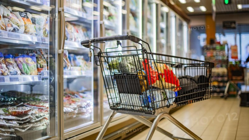 A shopping cart with grocery products in a supermarket