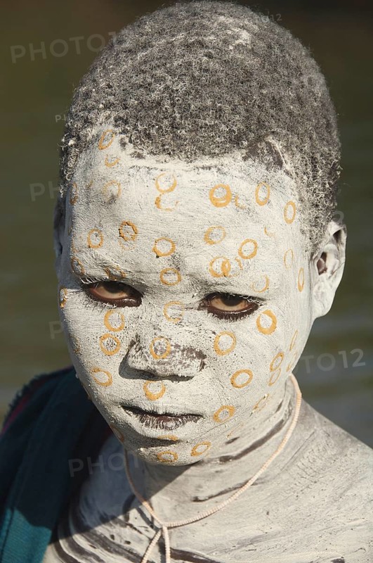 Surma boy with body painting, face painting, Surma tribe, Kibish, Omo Valley, Ethiopia, Africa
