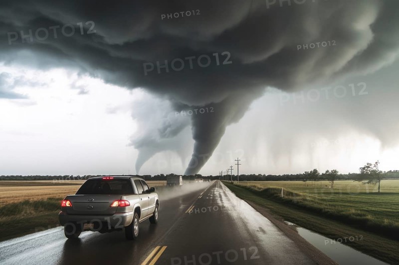 A tornado moves with great destructive force over agricultural land, car on road, natural disaster, weather phenomenon, severe weather, AI generated
