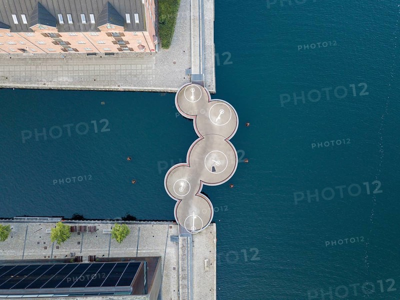 Copenhagen, Denmark, May 27, 2019: Aerial drone view of the modern Circle Bridge, a pedestrian bridge in the harbour area, Europe
