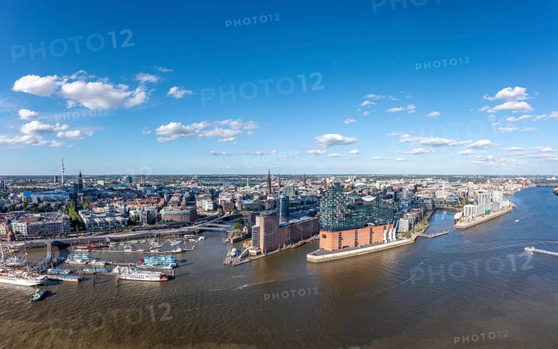 Panorama photo, drone photo, aerial photo, Hafencity, Speicherstadt, Elbe, Steinwerder, Elbe Philharmonic Hall in foreground, Hamburg, Germany, Europe