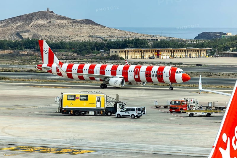 Condor Airbus A321, registration D-ATCG, in striped socks livery, after arrival at Las Palmas Airport, LPA, Gran Canaria, Canary Islands, Spain, Europe