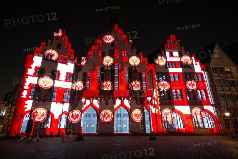 To mark the 125th anniversary of Eintracht Frankfurt, a video installation on the façade of the Römer shows the club's history with its greatest sporting successes, Römerberg, Frankfurt am Main, Hesse, Germany, Europe