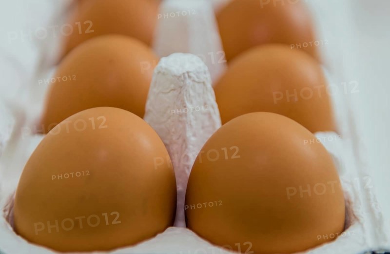 Closeup of brown eggs in white carton