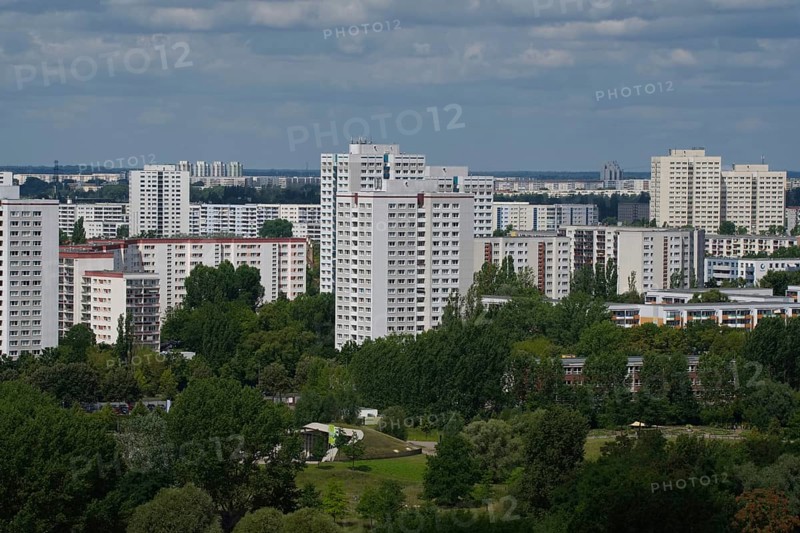 View over the Gärten der Welt to residential buildings, Marzahn-Hellersdorf district, Berlin, Germany, Europe