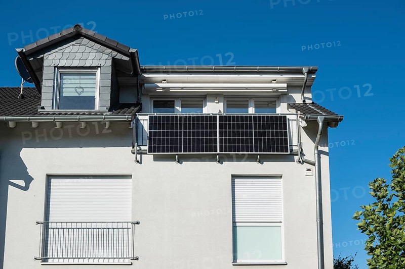 Solar panel on a balcony in Monheim am Rhein, North Rhine-Westphalia, Germany, Europe