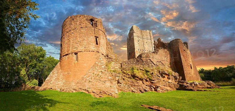 The 12th century medieval Norman ruins of Goodrich Castle fortifications, Goodrich, Herefordshire, England, United Kingdom, Europe