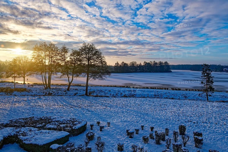 Sunrise in winter, pond, lake, trees, forest, long shadows, frozen, ice surface, mill pond, Wismar, Mecklenburg-Western Pomerania, Germany, Europe