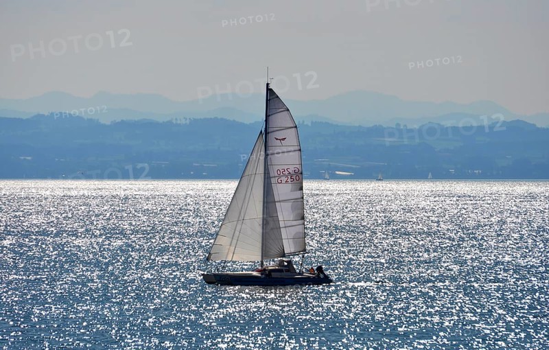 On Lake Constance, sailing boat in motion, view of the Alps