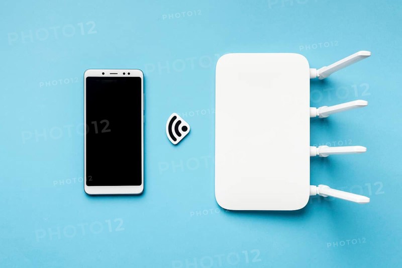 Top view wi fi router with smartphone. High resolution photo