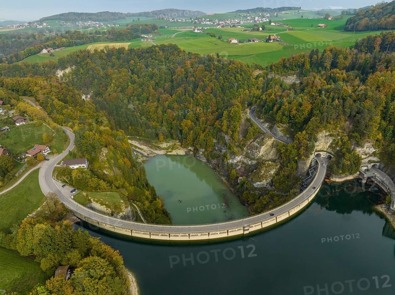 Dam on Lac de Gruyère, Lake Gruyère, reservoir, aerial view, Rossens, Fribourg, Switzerland, Europe