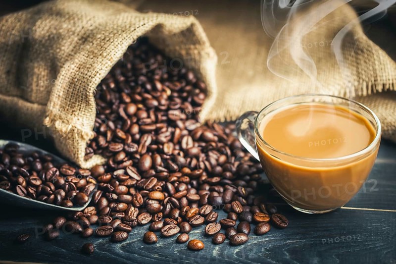 Coffee cup and coffee beans with bag, scoop and smoke, classic concept