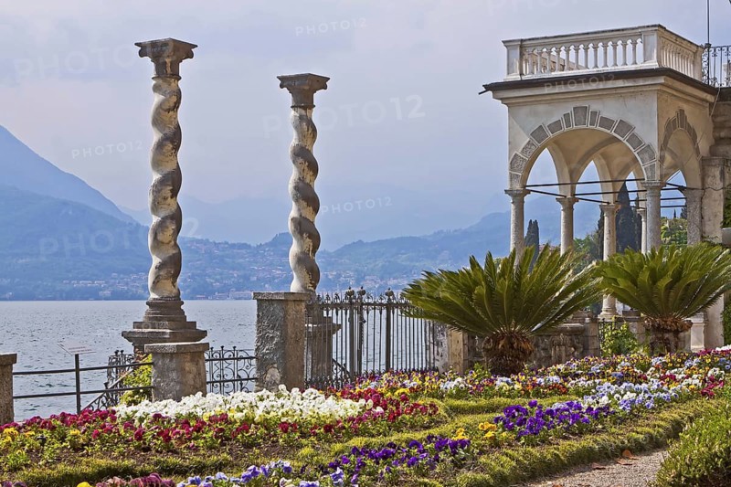 Columns, botanical garden, Villa Carlotta, view of Lake Como, Varenna, province of Lecco, Lombardy, Lago di Como, Italy, Europe