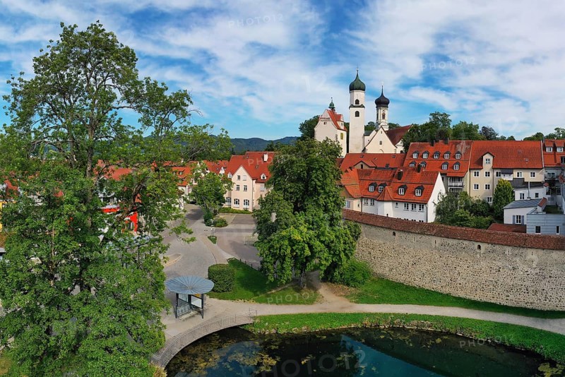 Aerial view of Isny im Allgäu with a view of the castle and the historic old town. Isny im Allgäu, Ravensburg, Tübingen, Baden-Württemberg, Germany, Europe