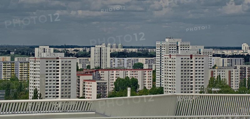 View of prefabricated buildings from the Wolkenhain viewing platform, Marzahn-Hellersdorf, Berlin, Germany, Europe
