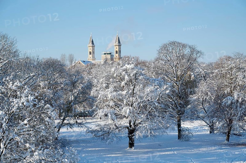 Winter in the English Garden with Ludwigskirche, Munich, Bavaria, Germany, snow, Europe