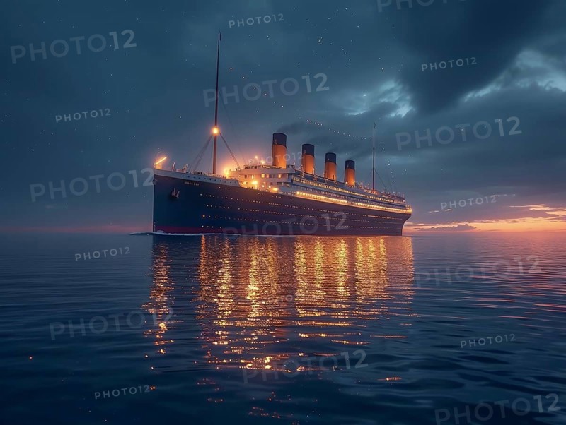 Voyage of the Titanic in the Atlantic on a starry night and calm sea, AI generated
