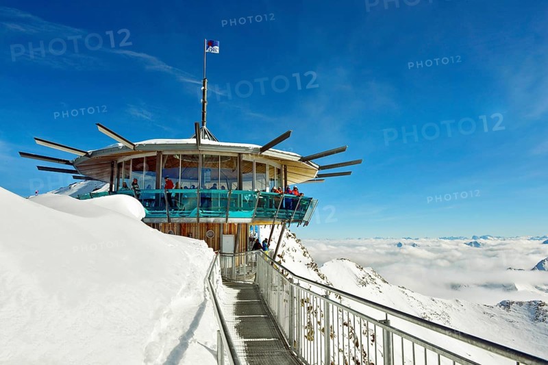 View from the Top Mountain Star panorama bar on Wurmkogl, cloud cover over Oetztal Alps, Obergurgl, Hochgurgl, Tyrol, Austria, Europe