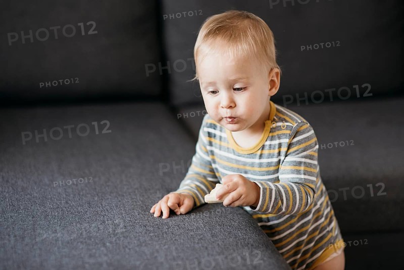 Baby boy eating sofa