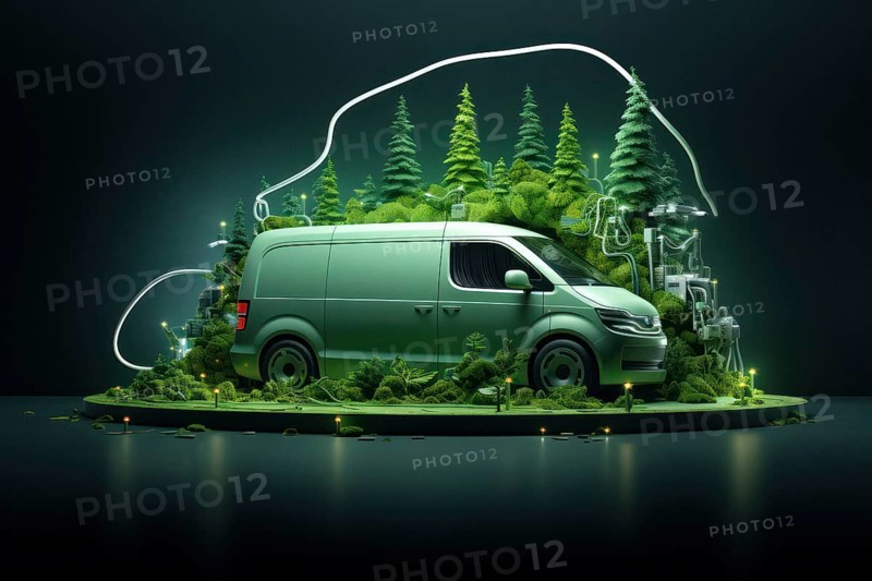 Concept image, electric mobility, green e-car, panel van, green city, AI generated