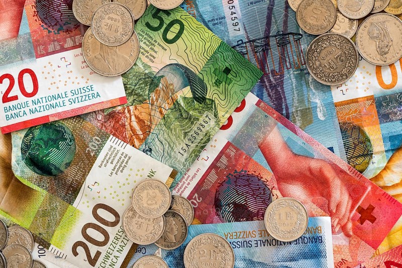 Swiss franc coins and bank notes in different denominations close up view