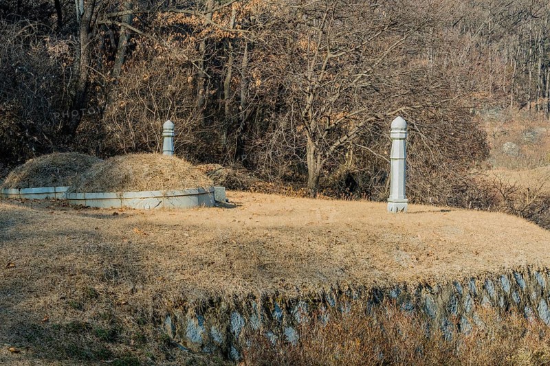 Unmarked burial mounds on flat piece of land in wooded area on side of mountain on sunny winter day, South Korea, South Korea, Asia