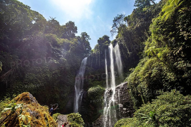 The Sekumpul waterfall, a large waterfall in the middle of the jungle that plunges into a deep green gorge. Trees and tropical plants at Bali's highest waterfall