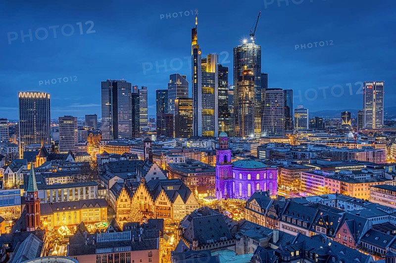 St Paul's Church in Frankfurt am Main will be illuminated in blue on 10 December 2023, International Human Rights Day. This commemorates the declaration of the UN Human Rights Charter of 10 December 1948, Römerberg, Frankfurt am Main, Hesse, Germany, Europe