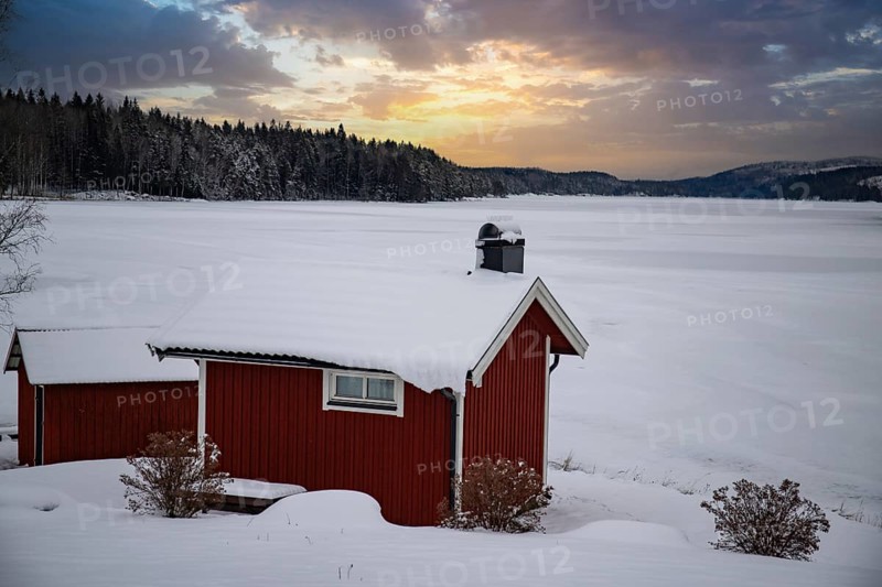 Typical red Swedish house. Wooden house in a winter landscape with ice and snow. Small settlement in the middle of a snowy forest. Landscape shot in Sweden