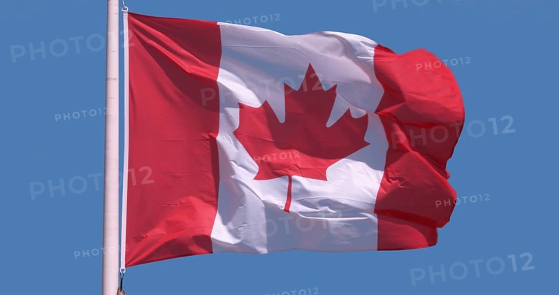 Canadian Flag Waving in the Wind against blue sky