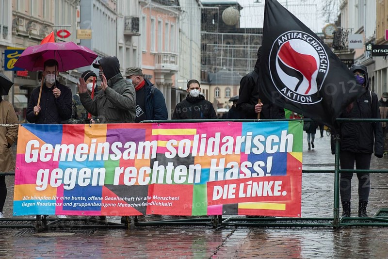 Demonstration in Trier on the 20.01.2021 against the covid-19 regulations in Germany, protest of the Antifa and the radical left wing against corona deniers