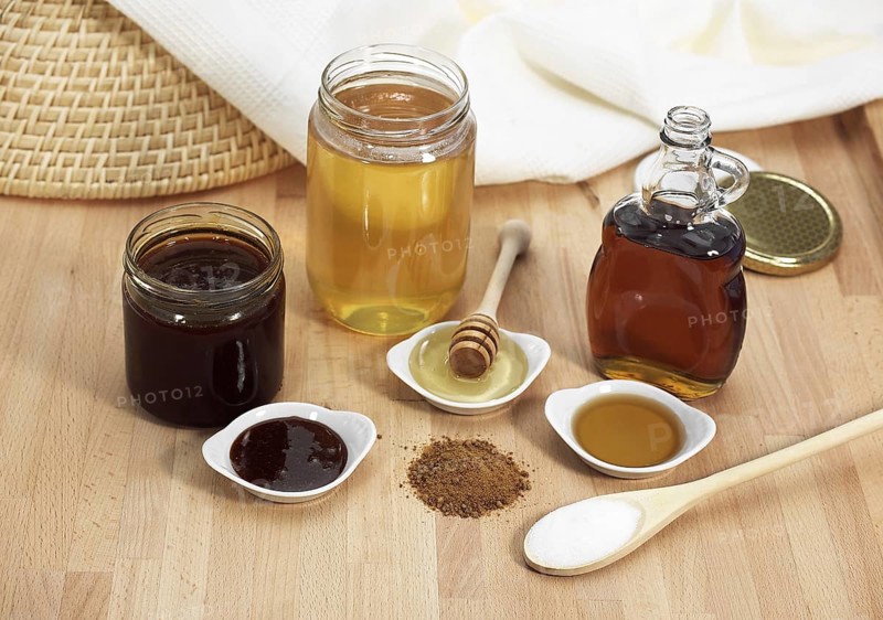 Granulated sugar, brown sugar, maple syrup, syrup and honey