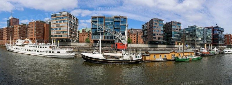 Panoramic photo of Sandtorhafen, traditional ship harbour and modern buildings in Hafencity, Hamburg Speicherstadt, UNESCO World Heritage Site, Hanseatic City of Hamburg, Land Hamburg, Northern Germany, Germany, Europe