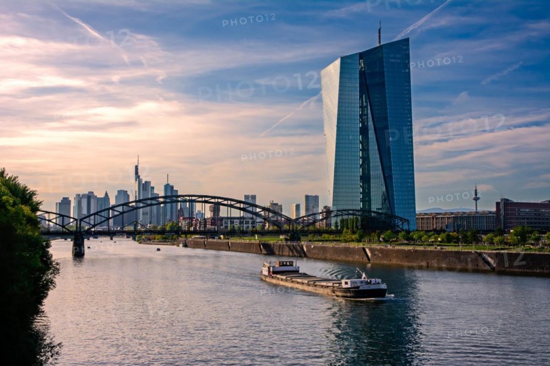 FRANKFURT, GERMANY - SEPTEMBER 15: The European Central Bank an the Main River in Frankfurt, Germany on September 15, 2019. Foto taken from Schaumainkai