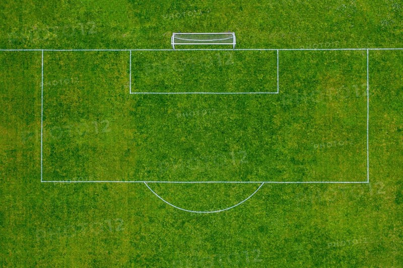 Aeriel drone view of the penalty area on a soccer field