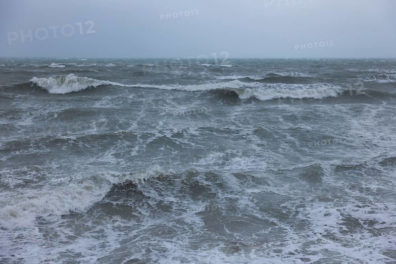 Stormy sea, foaming sea in storm with high waves on the English Channel, Portbail, Cotentin, Manche, Normandy, France, Europe