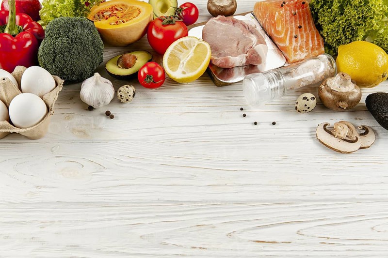 High angle vegetable ingredients meat with copy space