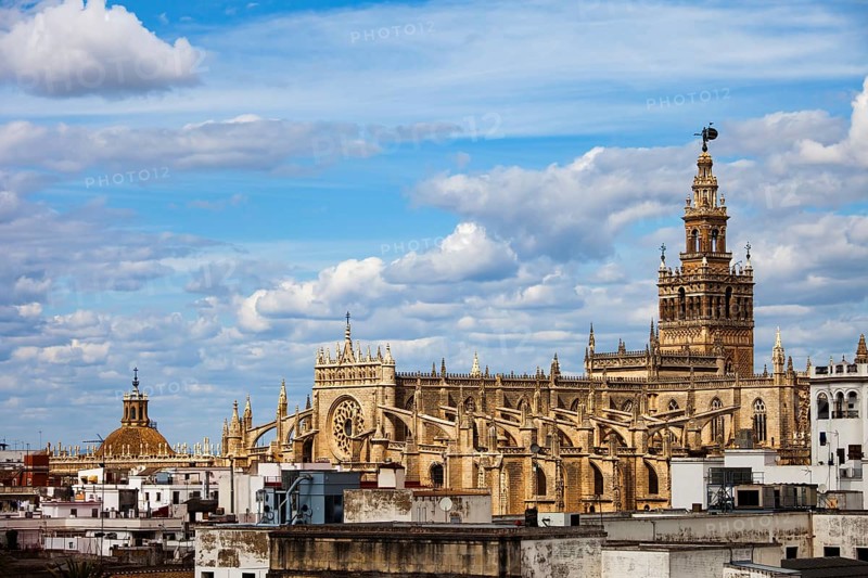 Spain, Andalusia, city of Seville, Cathedral of Saint Mary of the See (Spanish: Catedral de Santa Maria de la Sede) in Old Town skyline, Gothic style architecture, Europe
