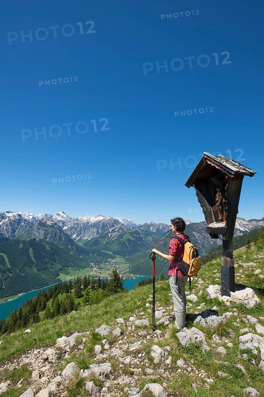 View of Lake Achensee from the Durra Cross, Tyrol, Austria, Europe