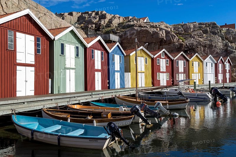 Fishing boats and colourful boathouses, harbour of Smögen, Smögenbryggan, Västra Götaland County, Bohuslän, Sweden, Europe