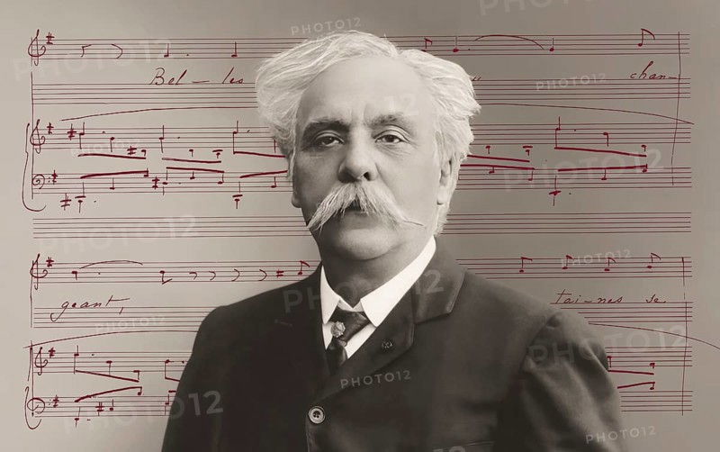 Portrait of Gabriel Fauré, 1845-1924, French composer, digitally edited according to a photograph by Pierre Petit, 1905, notesheet from Arpège, op. 76, no. 2, 1897, song with piano accompaniment, text by Albert Samain