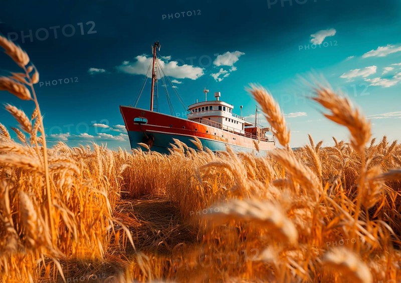 A ship sails through a wheat field, symbolic photo for grain transport from Ukraine