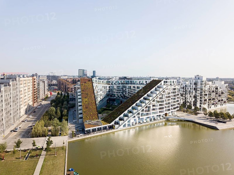 Copenhagen, Denmark, August 26, 2019: Aerial view of the 8 Tallet building, designed by famous Danish architect Bjarke Ingels, Europe