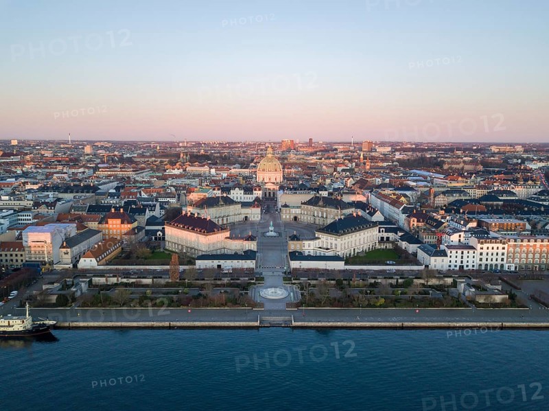 Copenhagen, Denmark, February 5, 2020: Aerial drone view of Amalienborg Palace and the Marble Church, Europe