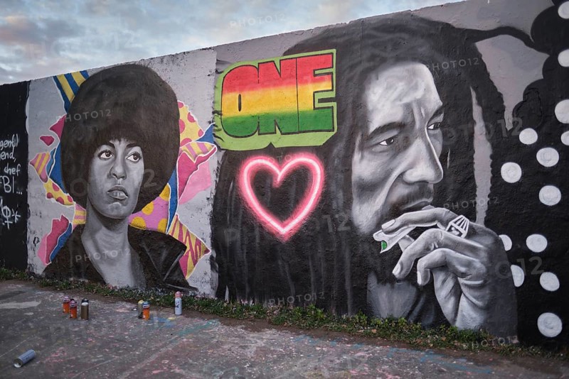 Germany, Berlin, 06. 06. 2020, Mauerpark, GraffitiWall, portrait Bob Marley, Portrait Angela Davis, by Graffiti Artist Eme Freethinker, Europe